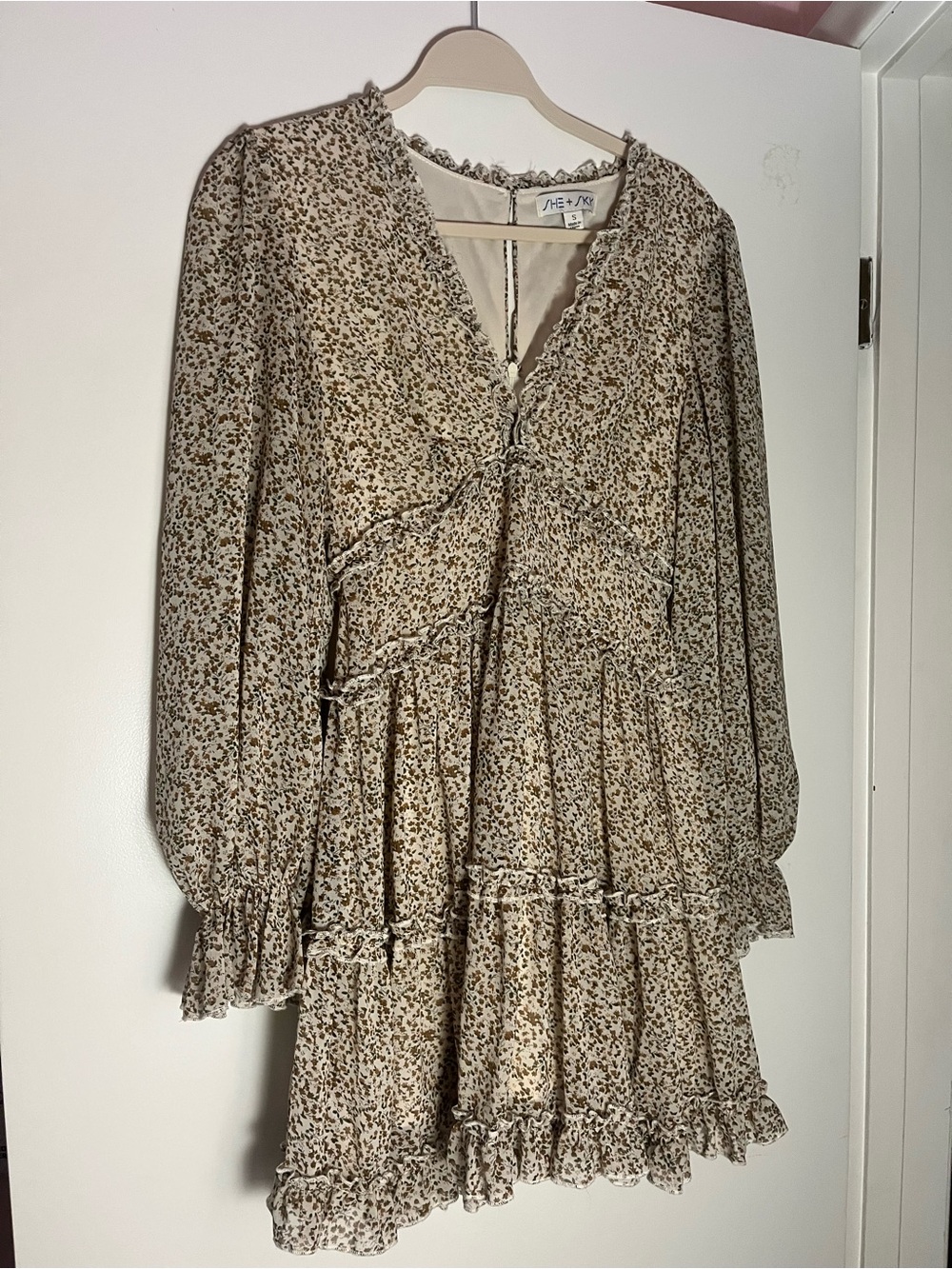 She + Sky Beige Floral Long Sleeve Ruffle Dress